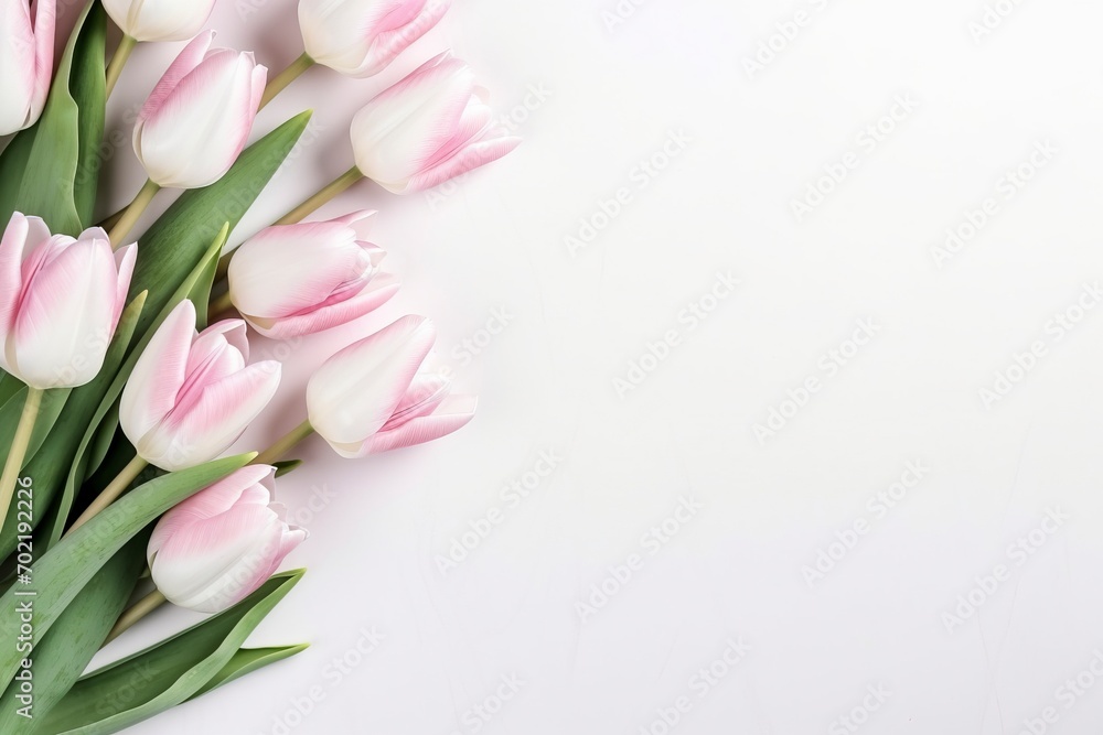 beautiful tulips white and pink on white background, flat lay and copy space - generative ai