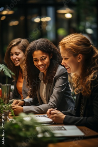 Businesswomen from different cultures engaged in a dynamic conversation during a work session, Generative AI