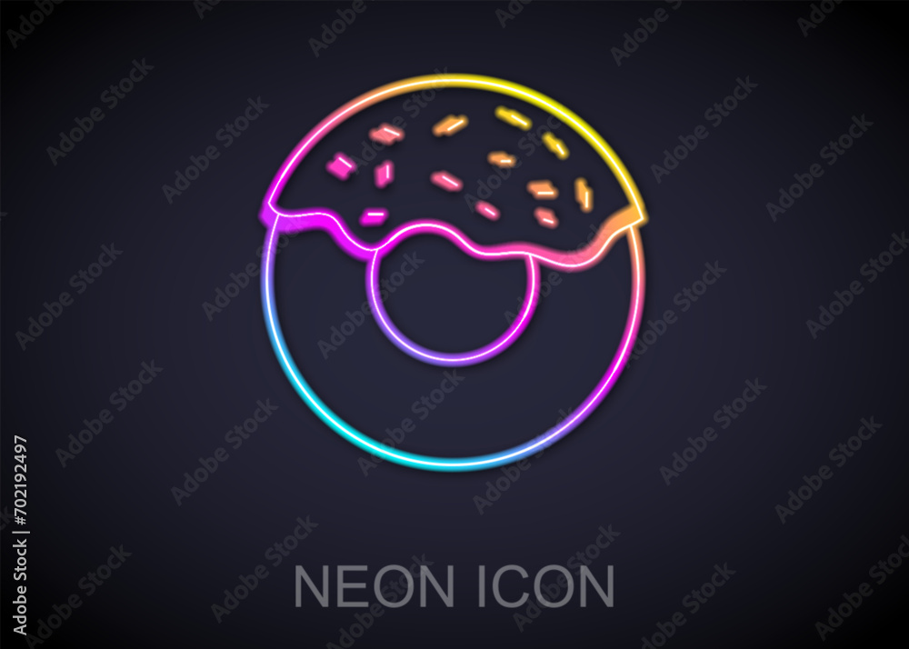Obraz premium Glowing neon line Donut with sweet glaze icon isolated on black background. Vector