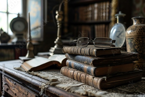 a pile of old books belonging to a wooden desk, there are glasses on top, in the background you can see vases and a shelf with books