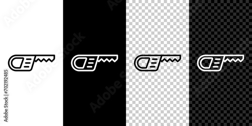 Set line Reciprocating saw and saw blade icon isolated on black and white, transparent background.  Vector