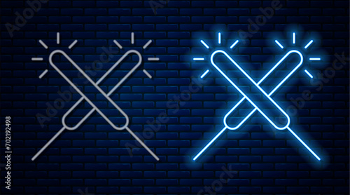 Glowing neon line Sparkler firework icon isolated on brick wall background. Festive Christmas sparkler candle lights. Merry Christmas and Happy New Year.  Vector