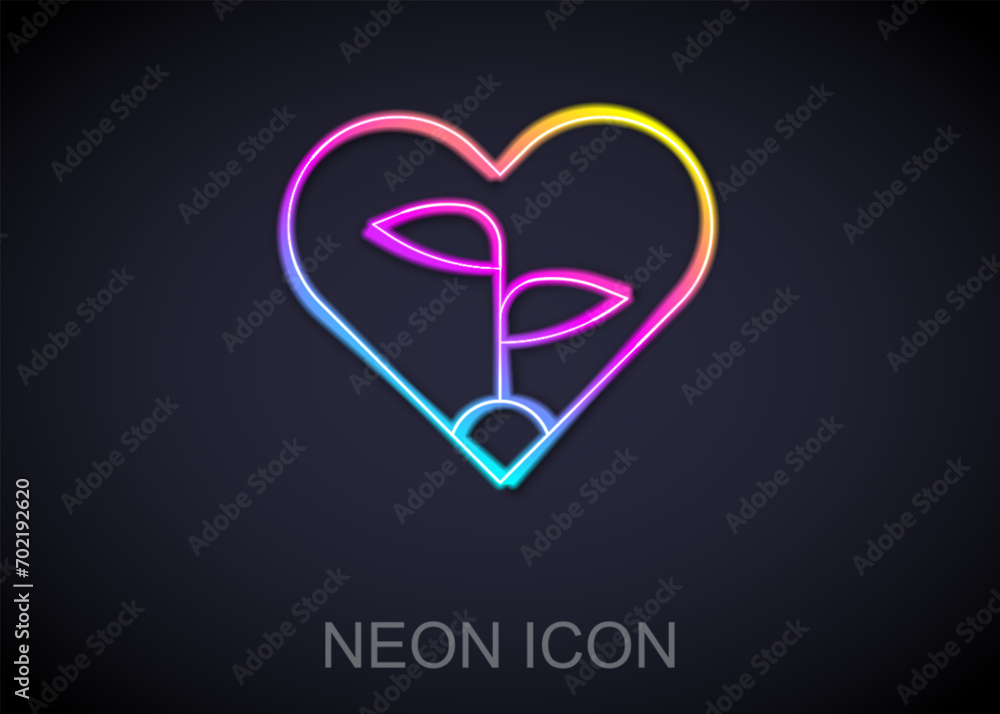 Glowing neon line Leaf in heart of environmental protection icon isolated on black background. Seed and seedling. Planting sapling. Ecology concept. Vector Glowing neon line Leaf in heart of environmental protection icon isolated on black background. Seed and seedling. Planting sapling. Ecology concept. Vector