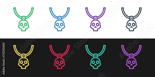 Set line Necklace amulet icon isolated on black and white background.  Vector