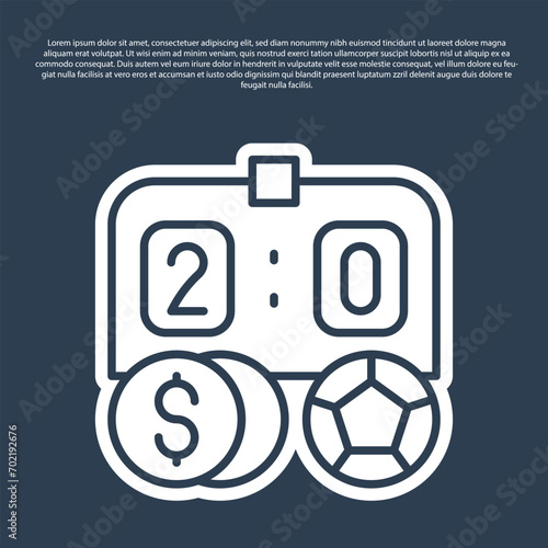 Blue line Soccer football betting money icon isolated on blue background. Football bet bookmaker. Soccer betting online make money.  Vector