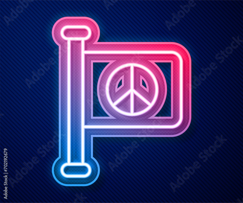 Glowing neon line Flag peace icon isolated on blue background. Hippie symbol of peace.  Vector