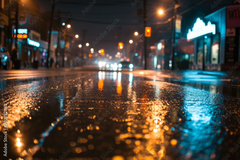 Evening Glow: Urban Lights Dance on Wet Pavement Evening Glow: Urban Lights Dance on Wet Pavement