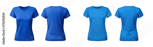realistic set of female blue t-shirts mockup front and back view isolated on a transparent background, cut out