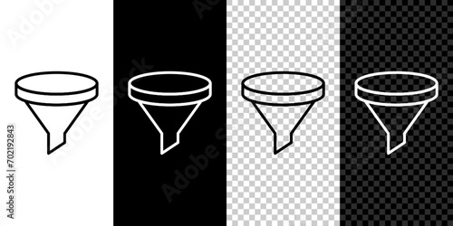 Set line Funnel or filter icon isolated on black and white, transparent background.  Vector