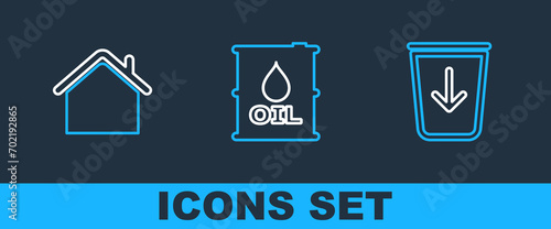 Set line Send to the trash, House and Oil barrel icon. Vector