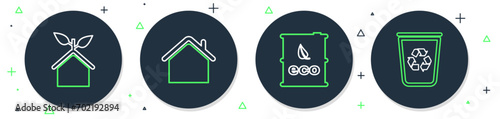 Set line House, Bio fuel barrel, Eco friendly house and Recycle bin with recycle icon. Vector