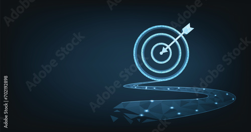 Set up objectives and targets for business investment concepts. The blue round-shaped target consisting of polygons with a thin arrow represents setting goals correctly on a dark background.
