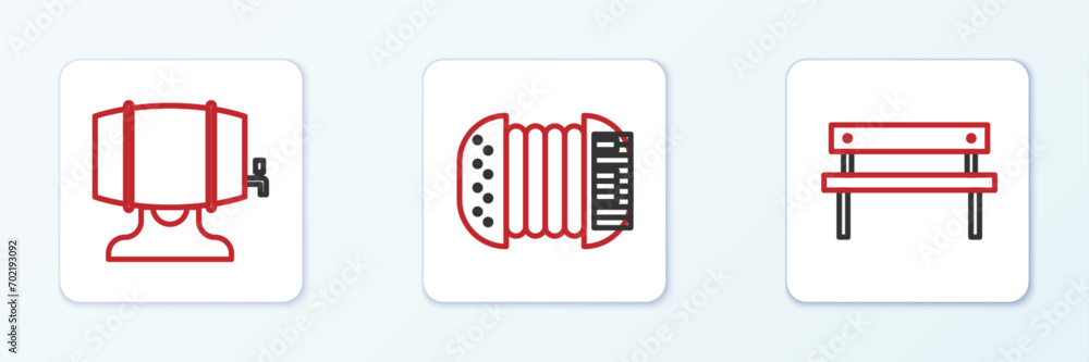 Set line Bench, Wooden barrel on rack and Accordion icon. Vector Set line Bench, Wooden barrel on rack and Accordion icon. Vector