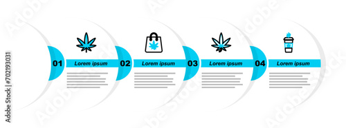 Set line Cup coffee with marijuana, Marijuana or cannabis leaf, Shopping bag and  icon. Vector