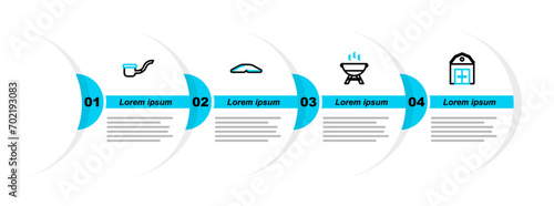 Set line Farm House, Barbecue grill, Homemade pie and Smoking pipe icon. Vector