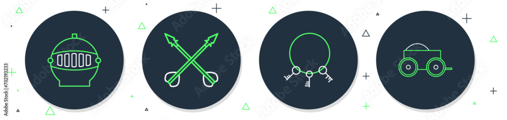 Set line Medieval crossed arrows, Old keys, iron helmet and Wooden four-wheel cart icon. Vector Set line Medieval crossed arrows, Old keys, iron helmet and Wooden four-wheel cart icon. Vector
