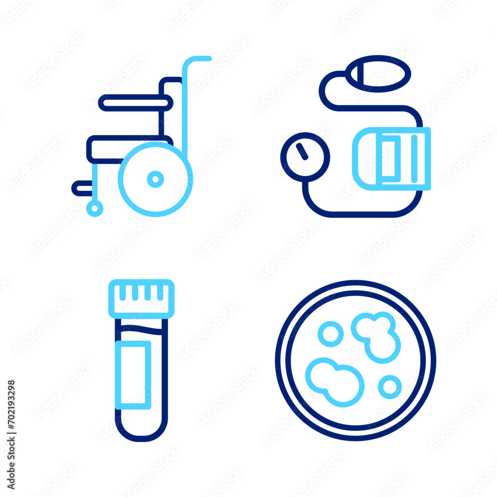 Set line Petri dish with bacteria, Test tube blood, Blood pressure and Wheelchair for disabled person icon. Vector Set line Petri dish with bacteria, Test tube blood, Blood pressure and Wheelchair for disabled person icon. Vector