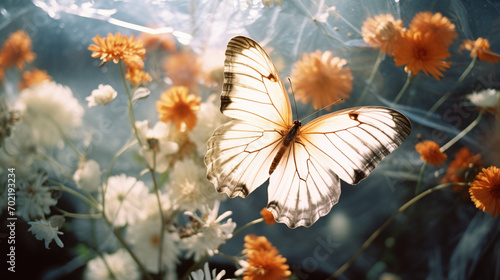 Ethereal and enchanting scene featuring the shadow of a butterfly wing cast on delicate flower petals, blending fragility with beauty.