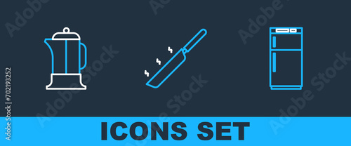 Set line Refrigerator, French press and Frying pan icon. Vector