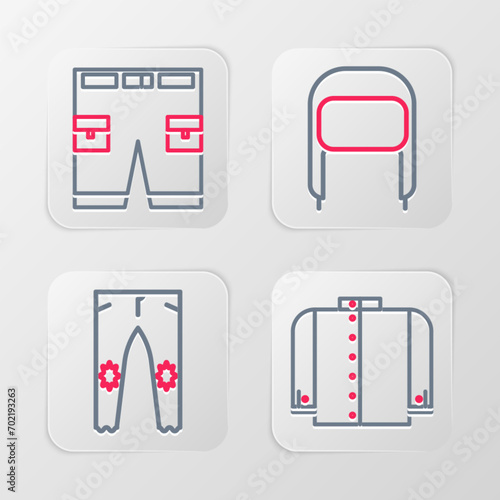 Set line T-shirt, Pants, Winter hat with ear flaps and Short or pants icon. Vector
