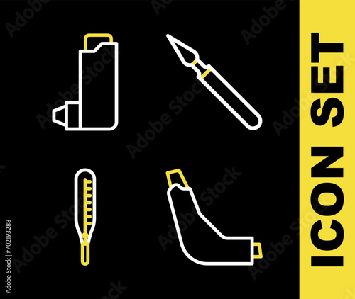 Set line Medical surgery scalpel, Inhaler, thermometer and  icon. Vector
