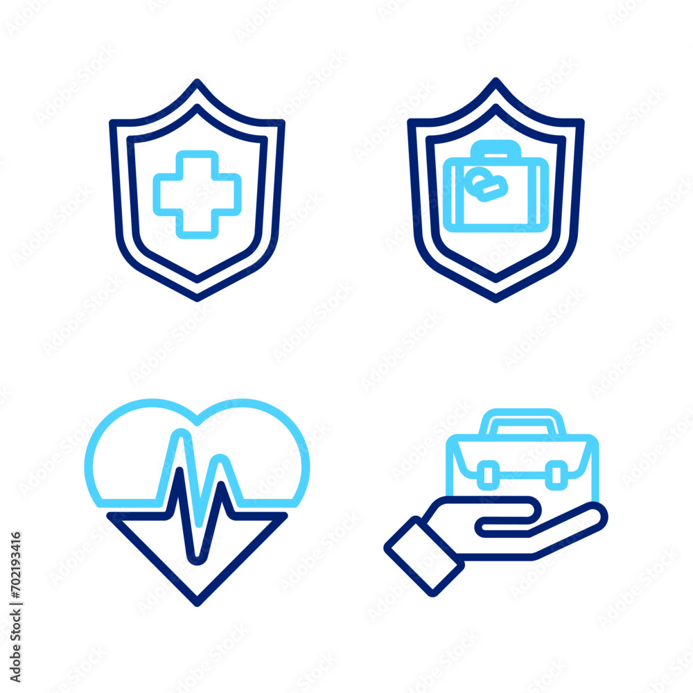 Set line Hand holding briefcase, Health insurance, Travel suitcase with shield and icon. Vector Set line Hand holding briefcase, Health insurance, Travel suitcase with shield and icon. Vector