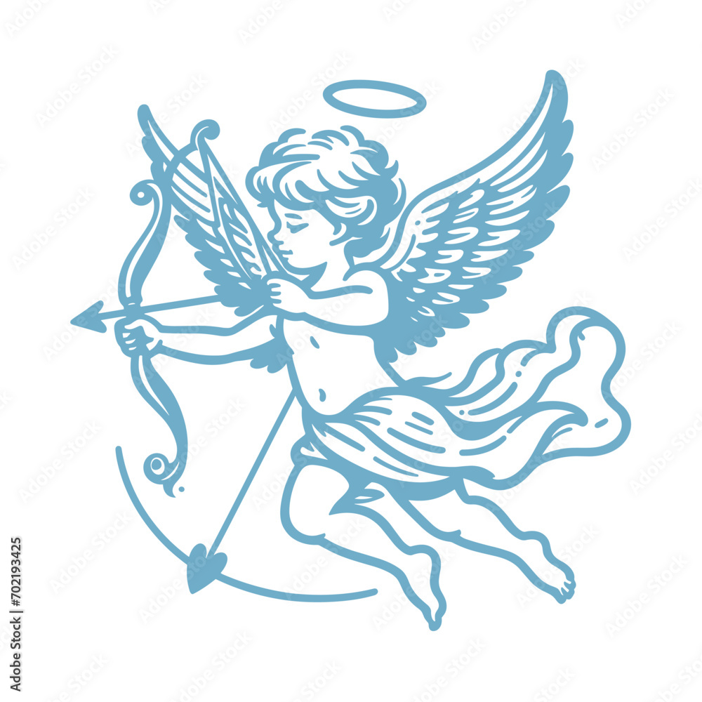 Fototapeta premium Cupid angel with wings, bow and arrow one line drawn