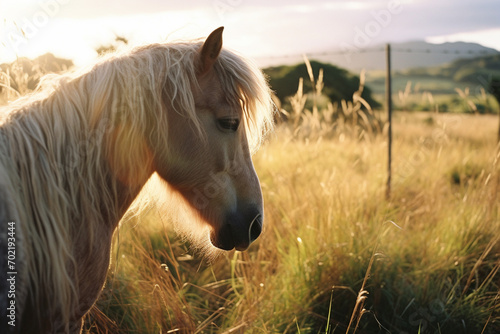 Serene scene capturing the gentle shadow of a horse's flowing mane on a sunlit grassy field, symbolizing the freedom and beauty of nature.