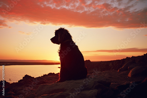 Silhouette of a dog against the warm hues of a sunset sky, creating a heartwarming and visually stunning composition. © Oleksandr