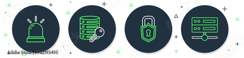 Set line Server security with key, Lock, Motion sensor and Server, Data, Web Hosting icon. Vector