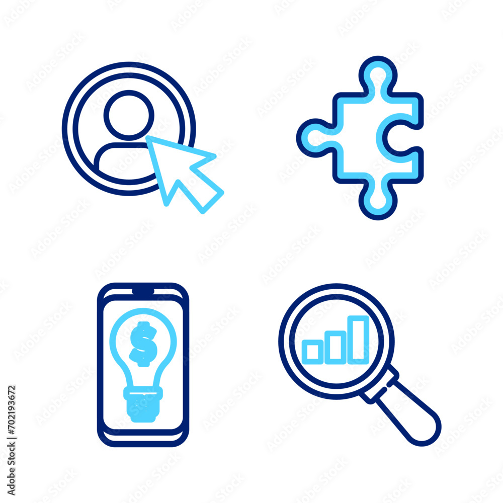 Set line Magnifying glass and analysis, Light bulb with dollar on mobile, Piece of puzzle and Create account screen icon. Vector Set line Magnifying glass and analysis, Light bulb with dollar on mobile, Piece of puzzle and Create account screen icon. Vector