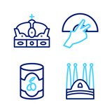 Set line Sagrada Familia, Olives in can, Fan flamenco and Crown of spain icon. Vector