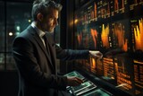 Businessman making investment decisions based on real-time financial information on a digital display, Generative AI