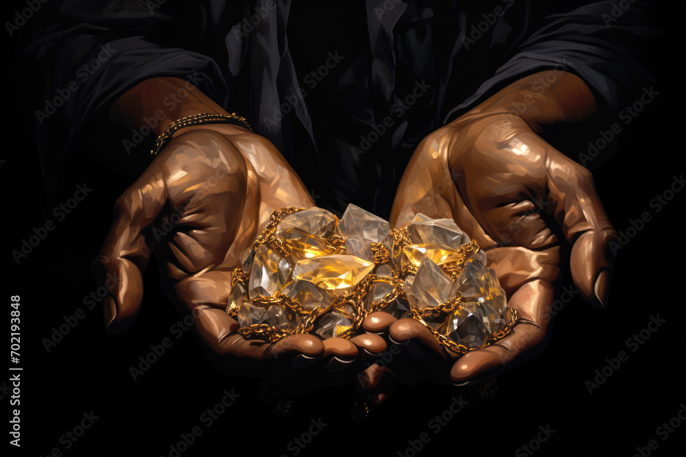 Illustration of sin Greed: Hands grasping for gold and gems, dark background - obrazy, fototapety, plakaty 