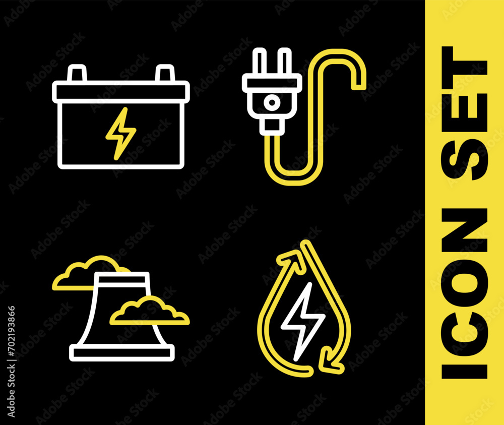 Set line Electric plug, Water energy, Nuclear power plant and Car battery icon. Vector