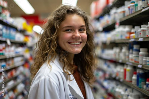 Scientific Elegance: Joyful Woman Researcher in Drugstore