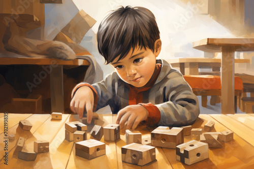 5-year-old Caucasian boy with autism playing with building blocks in a special education classroom, showing intense focus on his task