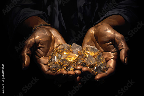 Print op canvas Illustration of sin Greed: Hands grasping for gold and gems, dark background