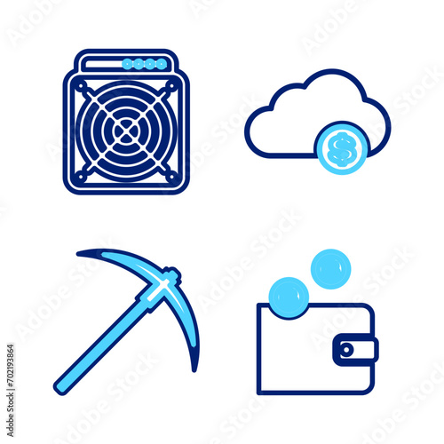 Set line Cryptocurrency wallet, Pickaxe, cloud mining and ASIC Miner icon. Vector