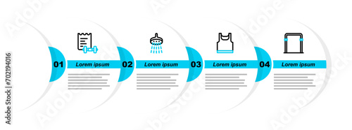 Set line Sport horizontal bar, Sleeveless t-shirt, Shower and training program icon. Vector