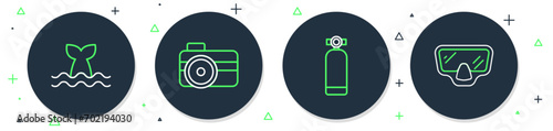 Set line Photo camera for diver, Aqualung, Whale tail and Diving mask icon. Vector