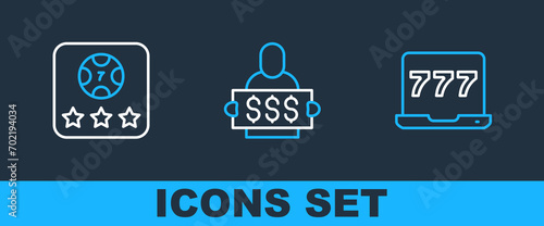 Set line Laptop and slot machine, Online poker table game and Slot spin button icon. Vector