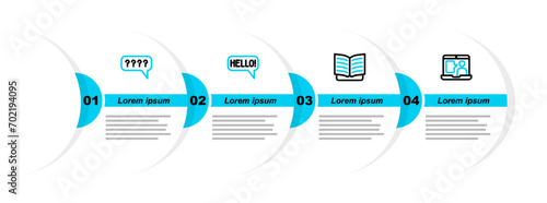 Set line Foreign language online study, Open book, Hello different languages and Speech bubbles with Question icon. Vector photo