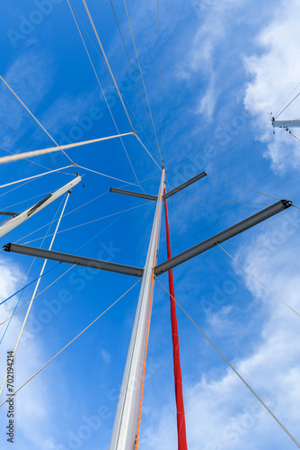 Yacht mast on sailing boat. Sailing. View from deck. Yachting concept.