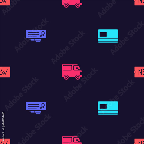 Set Credit card, Bank check and pen, Delivery cargo truck vehicle and Price tag with text New on seamless pattern. Vector