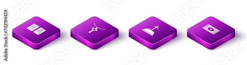 Set Isometric The commandments, Christian cross on chain, Tombstone with and Traditional carpet icon. Vector