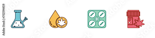 Set Glass bong for smoking cannabis, Marijuana olive oil, Medical pills with marijuana and bottle icon. Vector