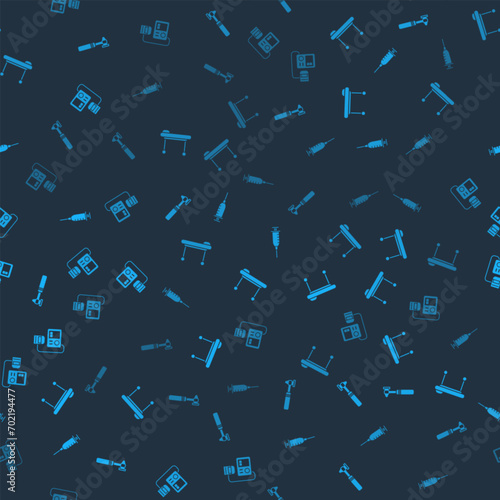 Set Medical otoscope tool, Stretcher, Syringe and Blood pressure on seamless pattern. Vector