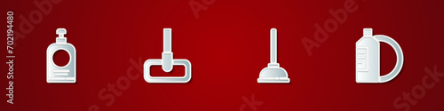 Set Hand sanitizer bottle, Mop, Rubber plunger and Dishwashing liquid plate icon. Vector