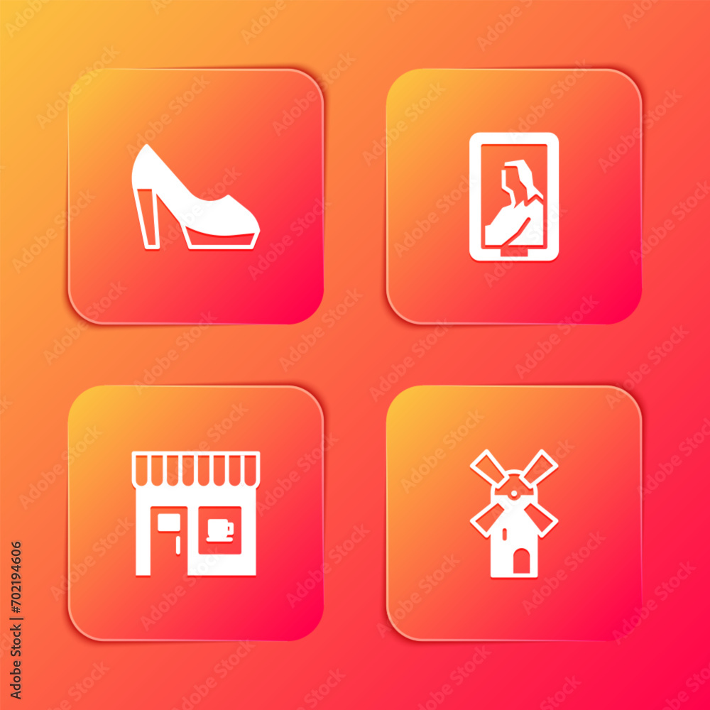 Set Woman shoe, Portrait in museum, Coffee shop and Windmill icon. Vector Set Woman shoe, Portrait in museum, Coffee shop and Windmill icon. Vector